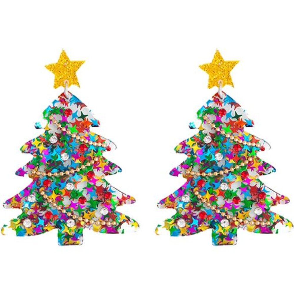 Christmas Earrings- Christmas Tree Drop Dangle Earrings-Glitter Colored